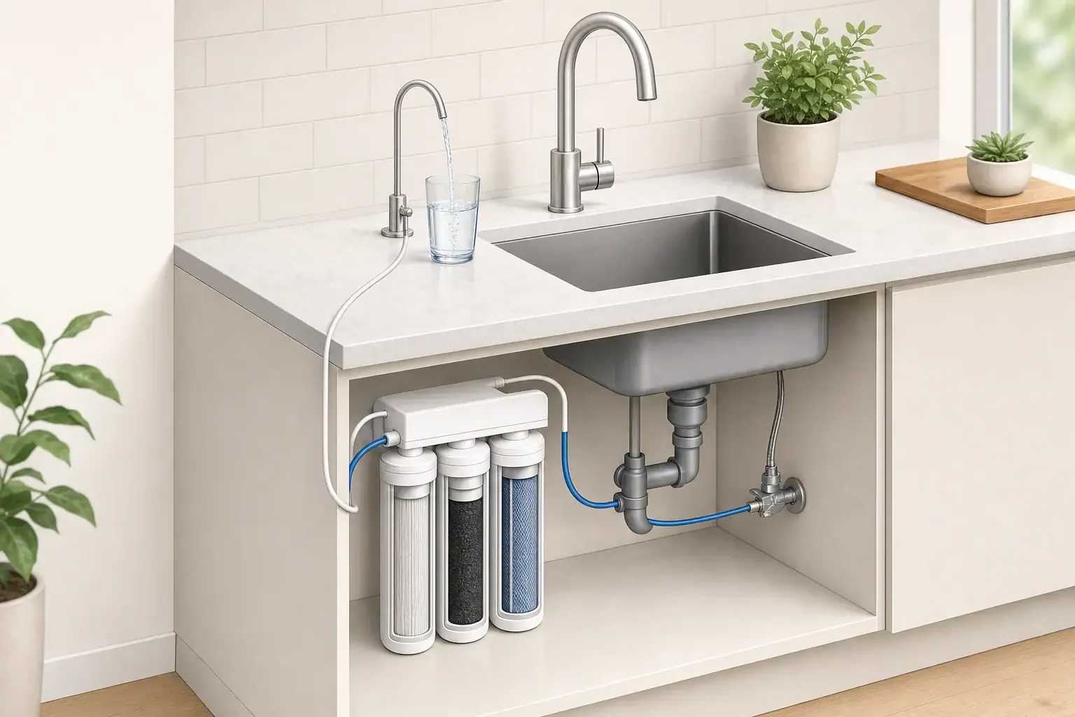 Under-sink microbial filter supplying a kitchen faucet