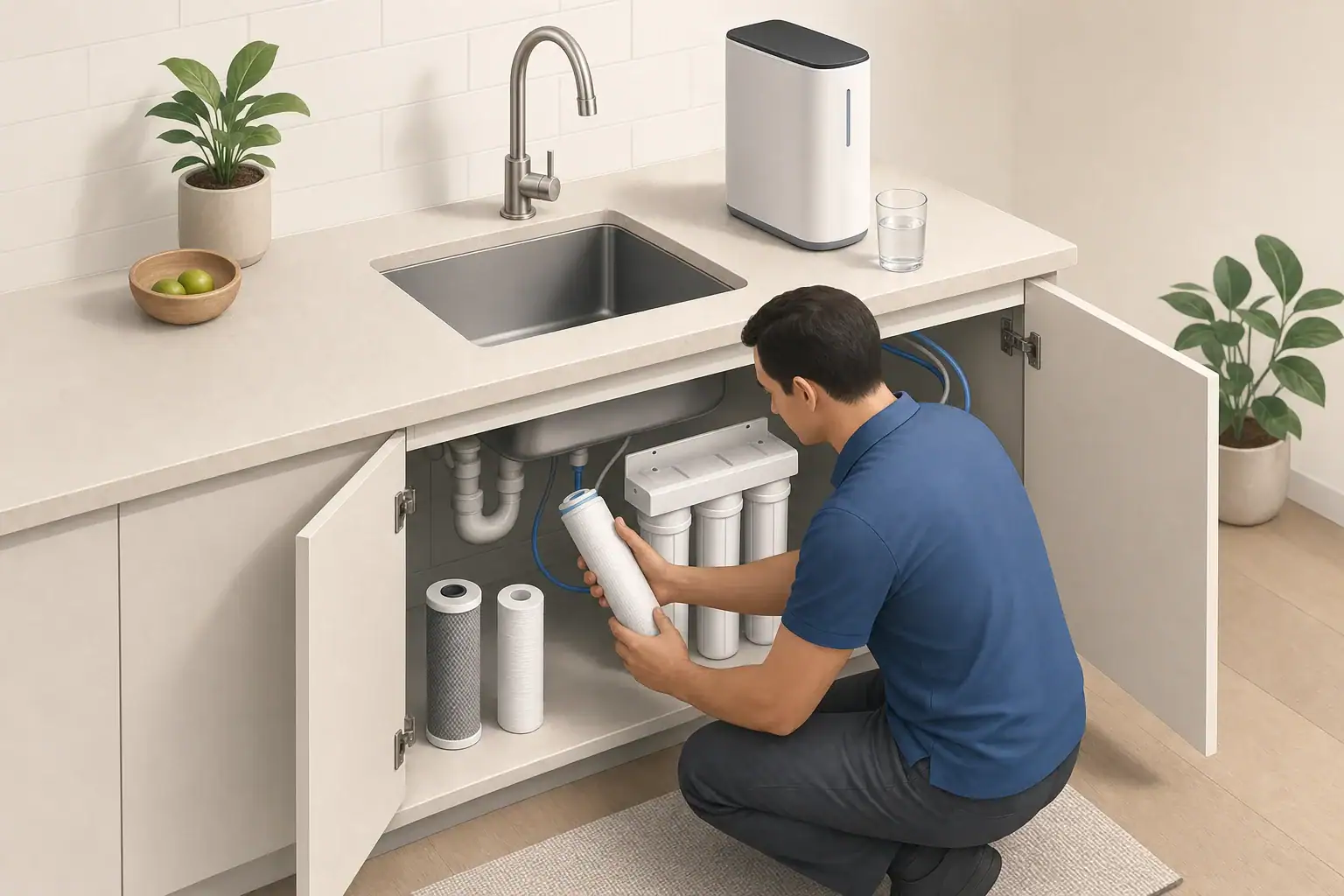 Changing cartridges on an under-sink well water filter