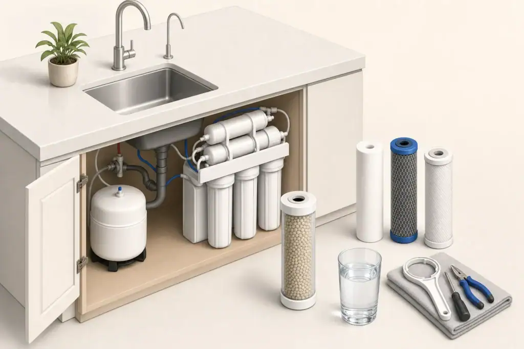 Under-sink fluoride filter cartridges prepared for routine replacement
