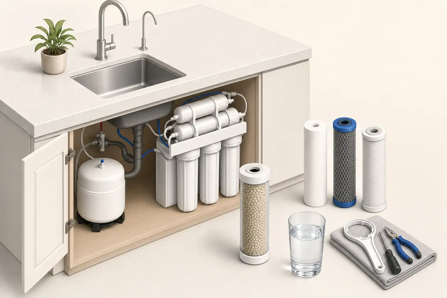 Under-sink fluoride filter cartridges prepared for routine replacement