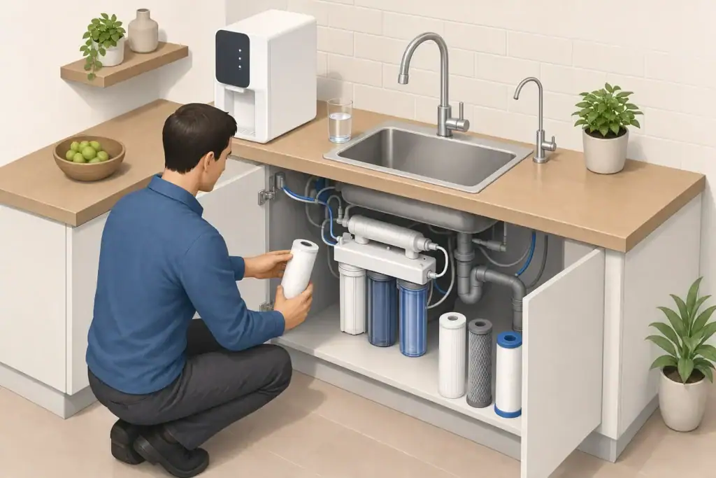 Changing cartridges in an under-sink water filtration system