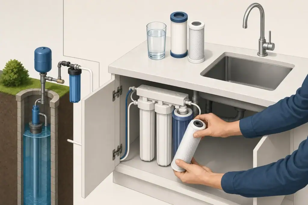 Generic cartridges serviced beside a private well filtration system