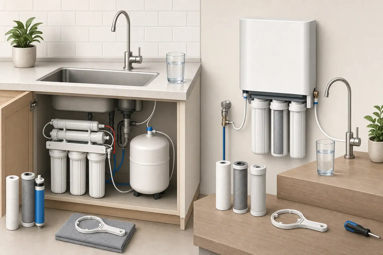 RO storage tank and filter maintenance setup