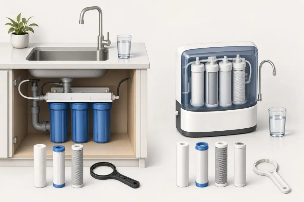 Two generic water filter housings with service tools