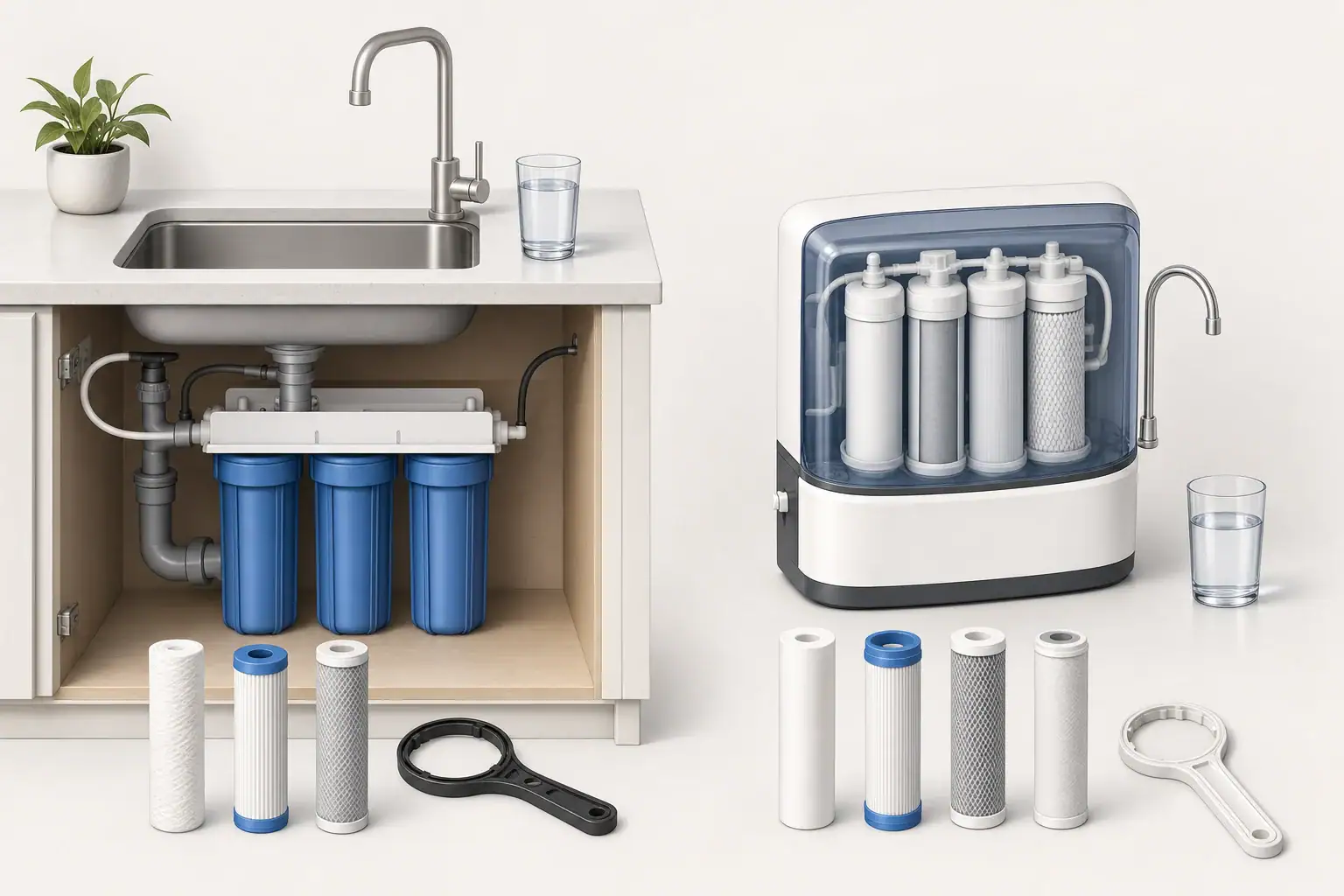 Two generic water filter housings with service tools