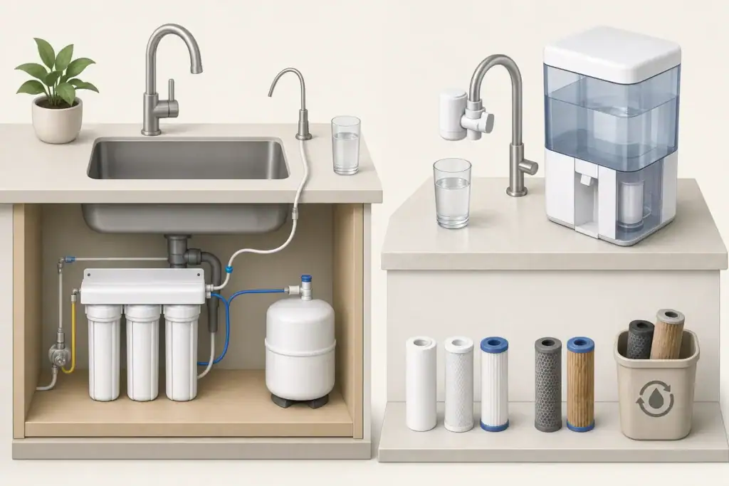 Used cartridges beside two home water filtration setups