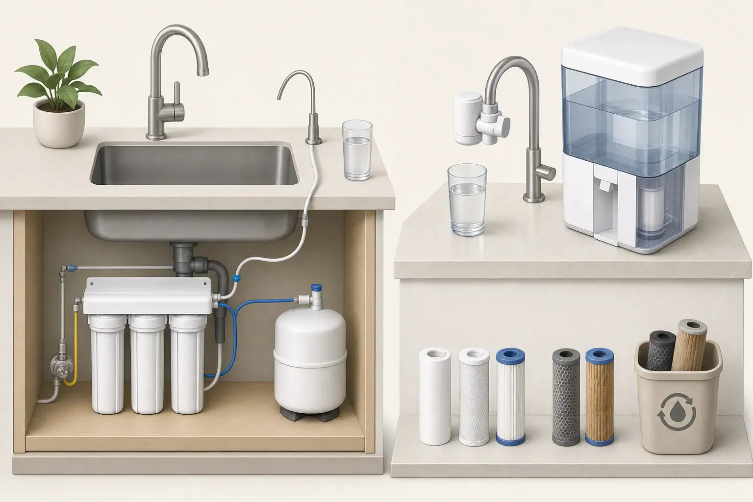 Used cartridges beside two home water filtration setups