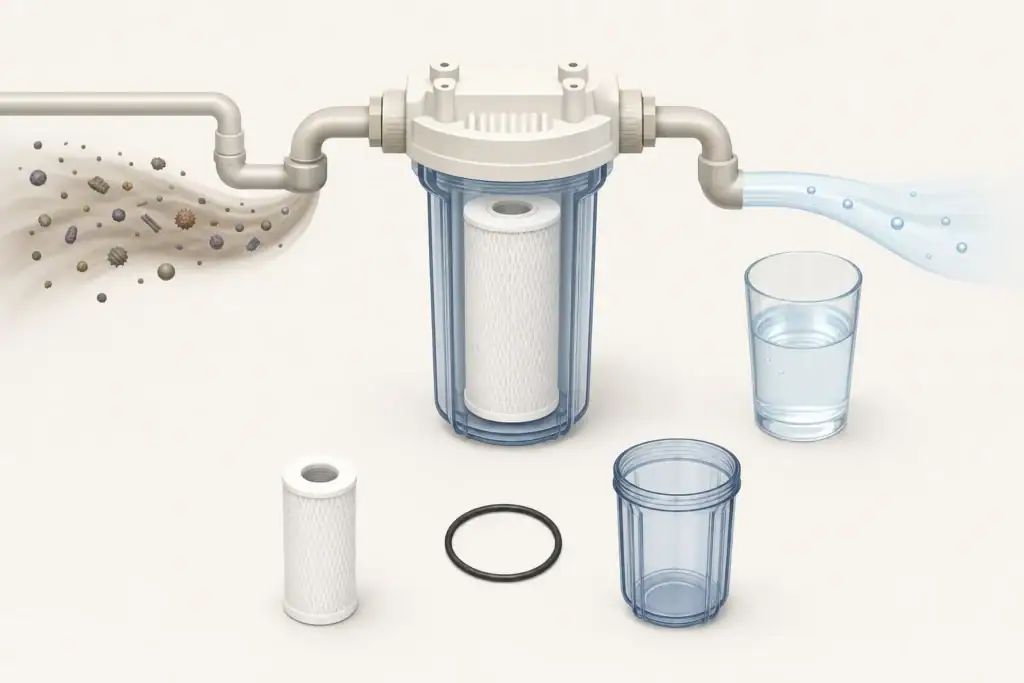 Filter housing O-ring and plumbing inspection scene