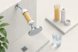 Showerhead with inline filter cartridge and clear water