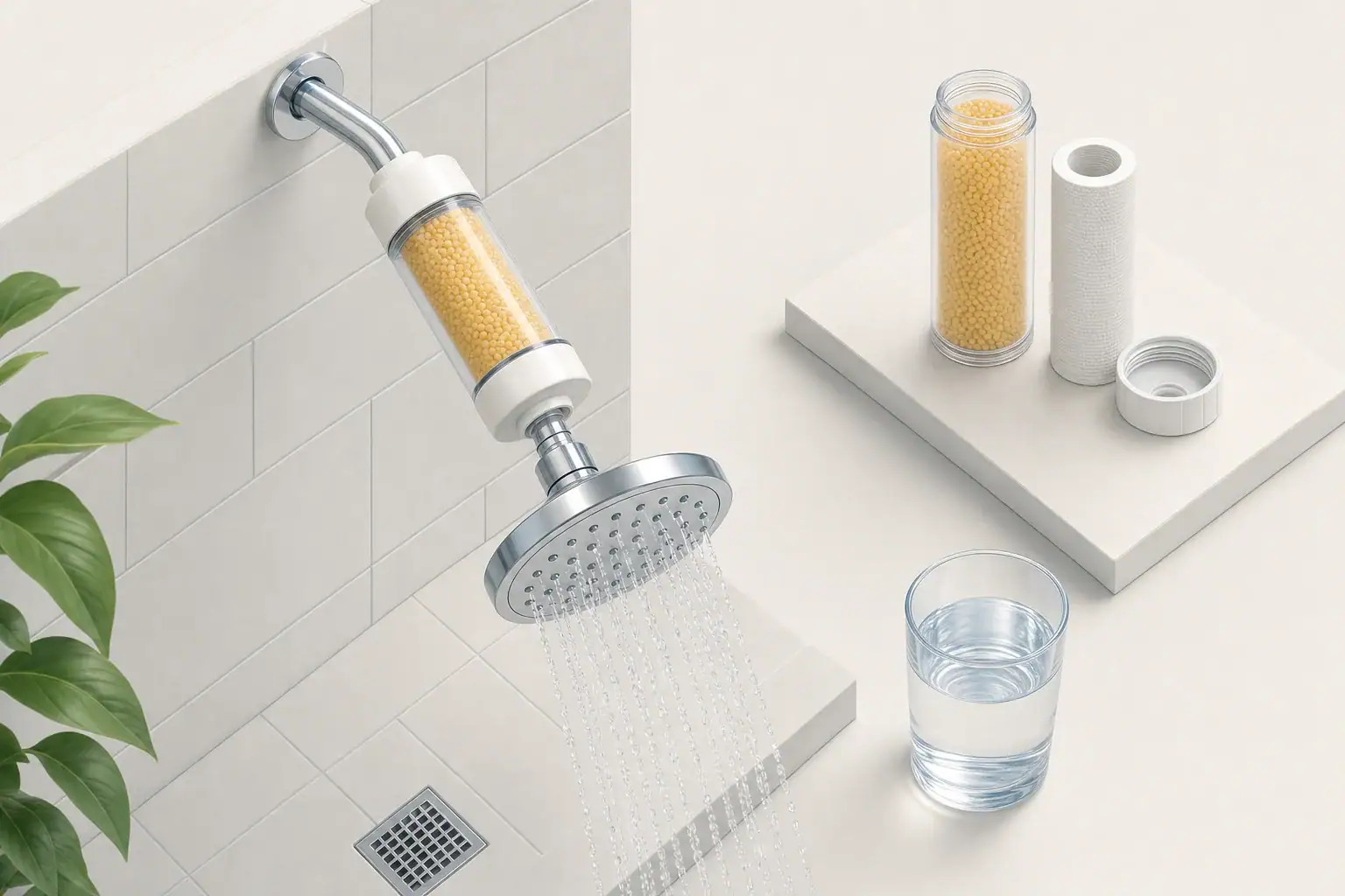 Showerhead with inline filter cartridge and clear water