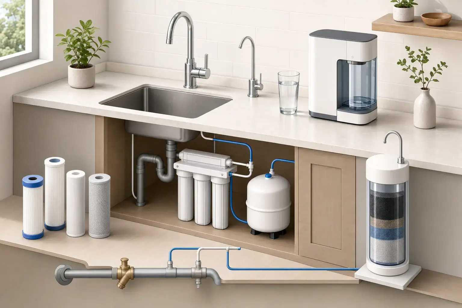 Isometric sediment cartridges beside a home filtration setup