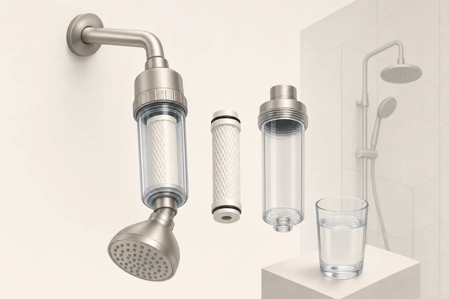 Isometric shower filter cartridge and clear water glass