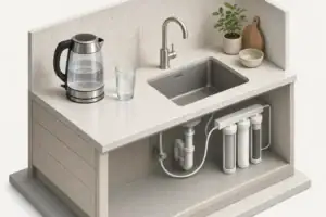White mineral film beside kettle and filtered water glass