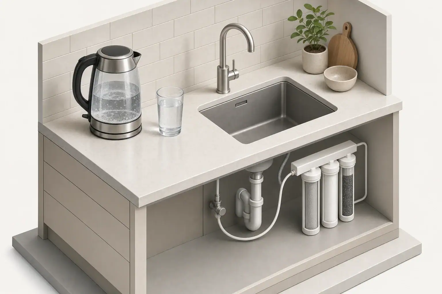 White mineral film beside kettle and filtered water glass