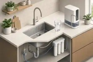 Kitchen faucet and filtration components after water discoloration