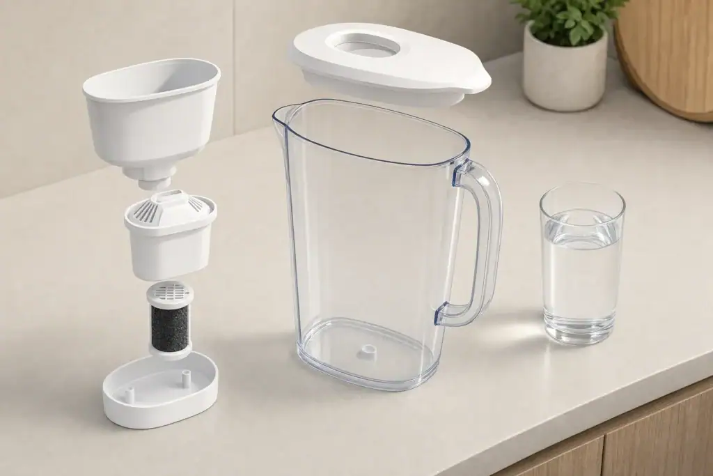 Disassembled water filter pitcher with cartridge and water glass
