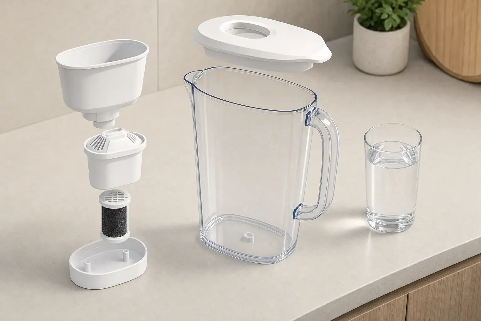 Disassembled water filter pitcher with cartridge and water glass