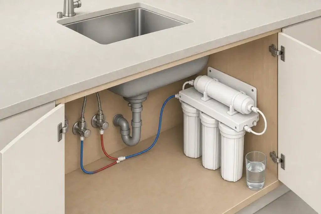 Isometric under-sink filtration system with protected plumbing components