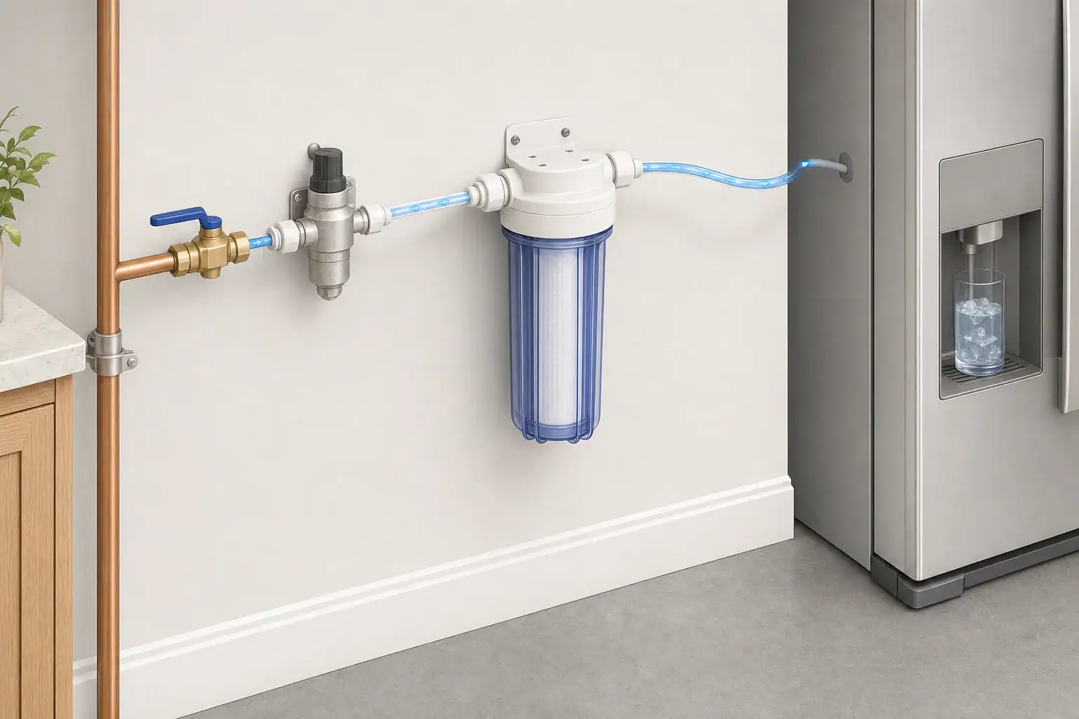 Isometric refrigerator water line with utility filtration components
