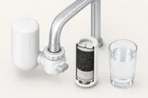Faucet filter with carbon cartridge and filtered water