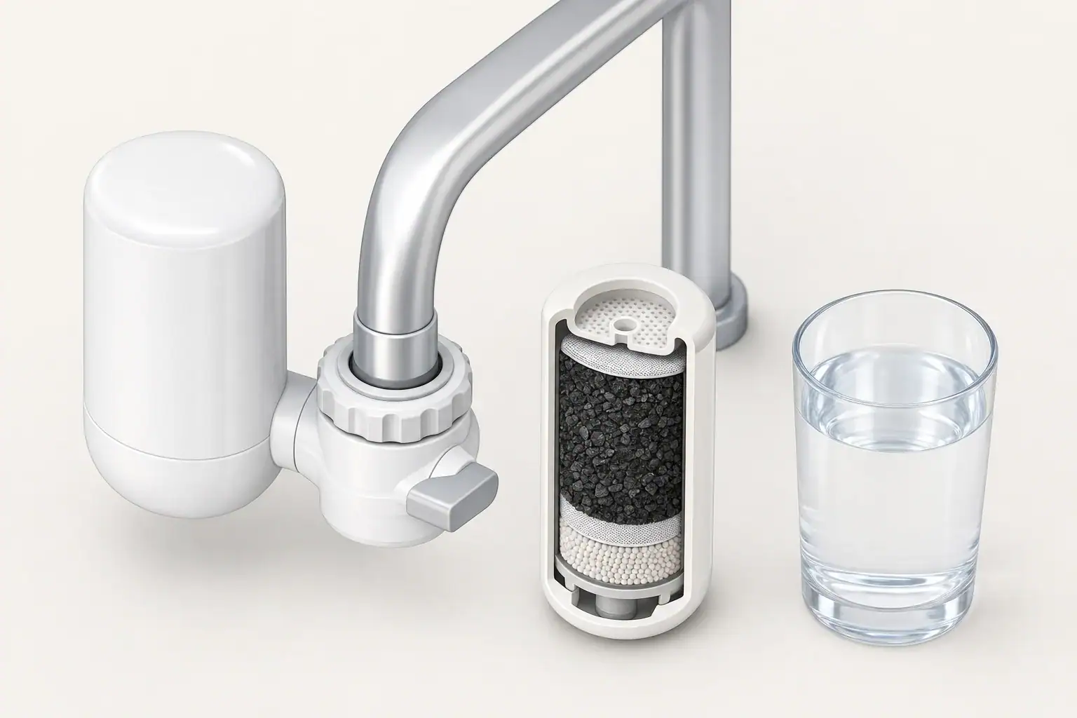 Faucet filter with carbon cartridge and filtered water