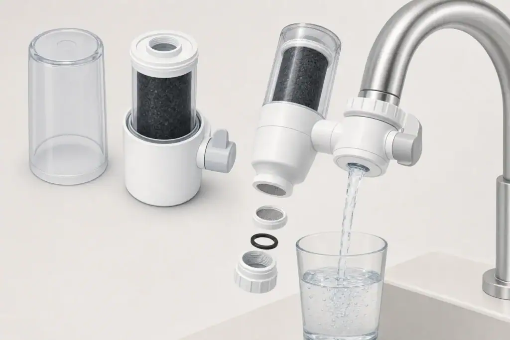 Faucet filter cartridge beside a steady water stream