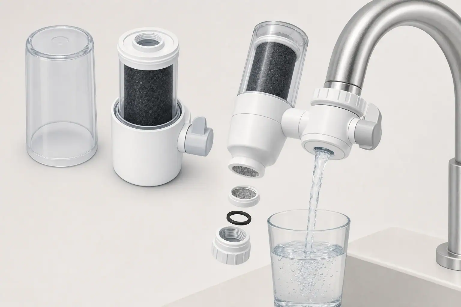 Faucet filter cartridge beside a steady water stream