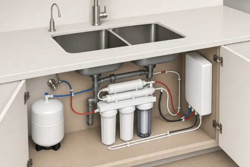 Under-sink filtration system with secured tubing and storage tank