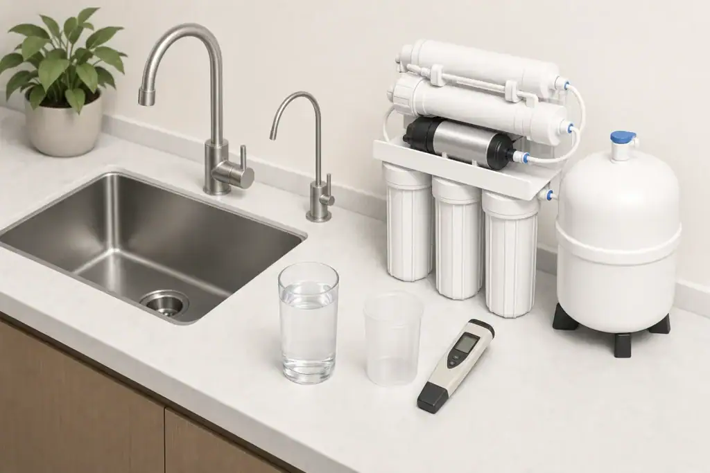 Isometric countertop faucet and reverse osmosis water sampling setup