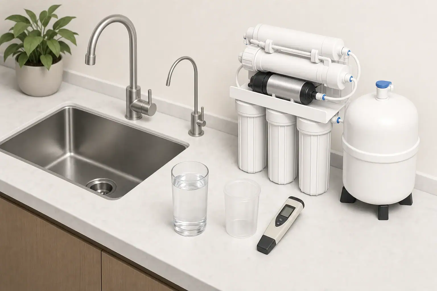 Isometric countertop faucet and reverse osmosis water sampling setup