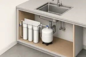 Isometric filtration setup beneath sink with connected plumbing