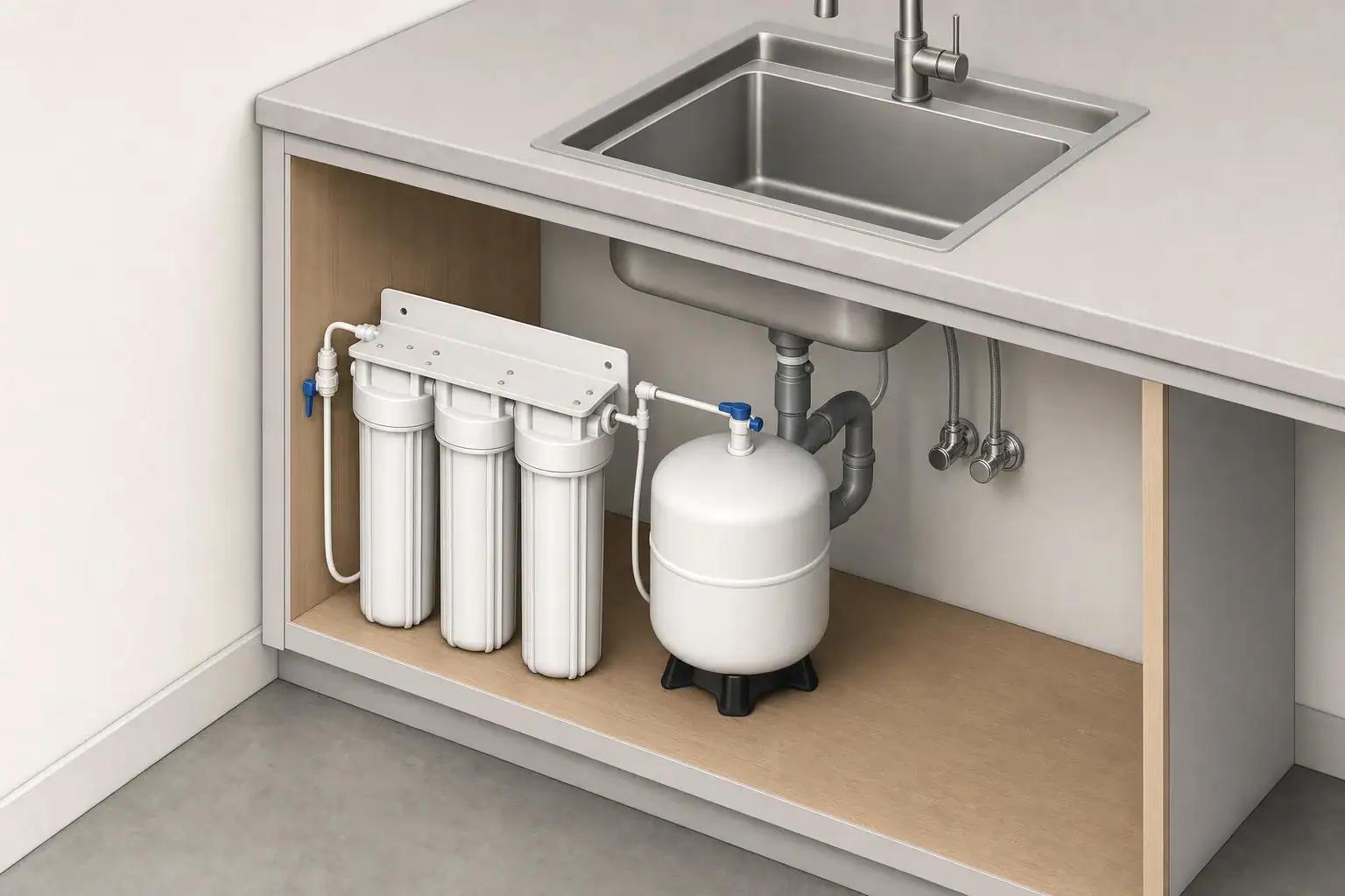 Isometric filtration setup beneath sink with connected plumbing