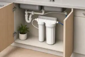 Wide and slim filter housings beneath kitchen sink