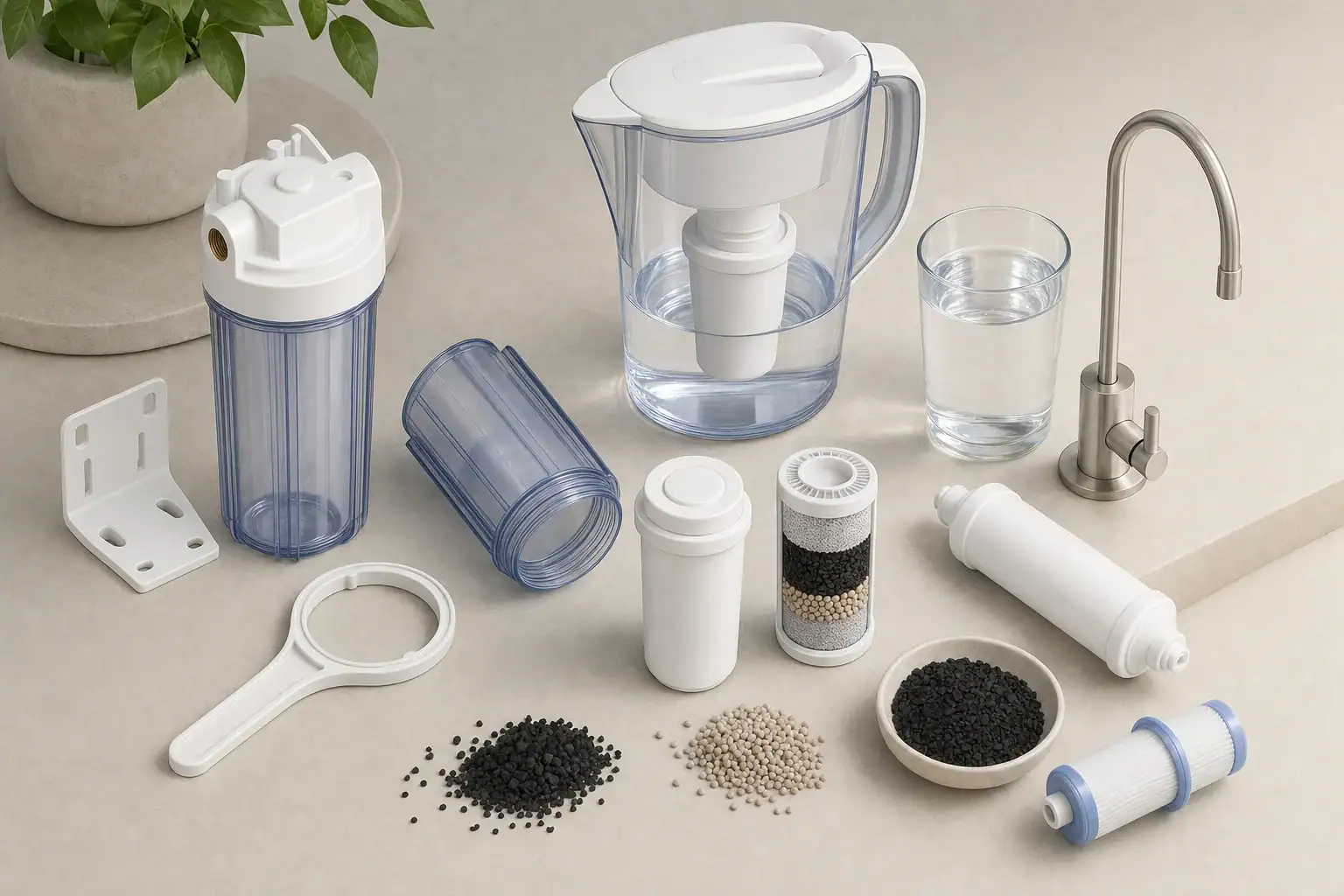 Pitcher filter cartridge components beside a water glass