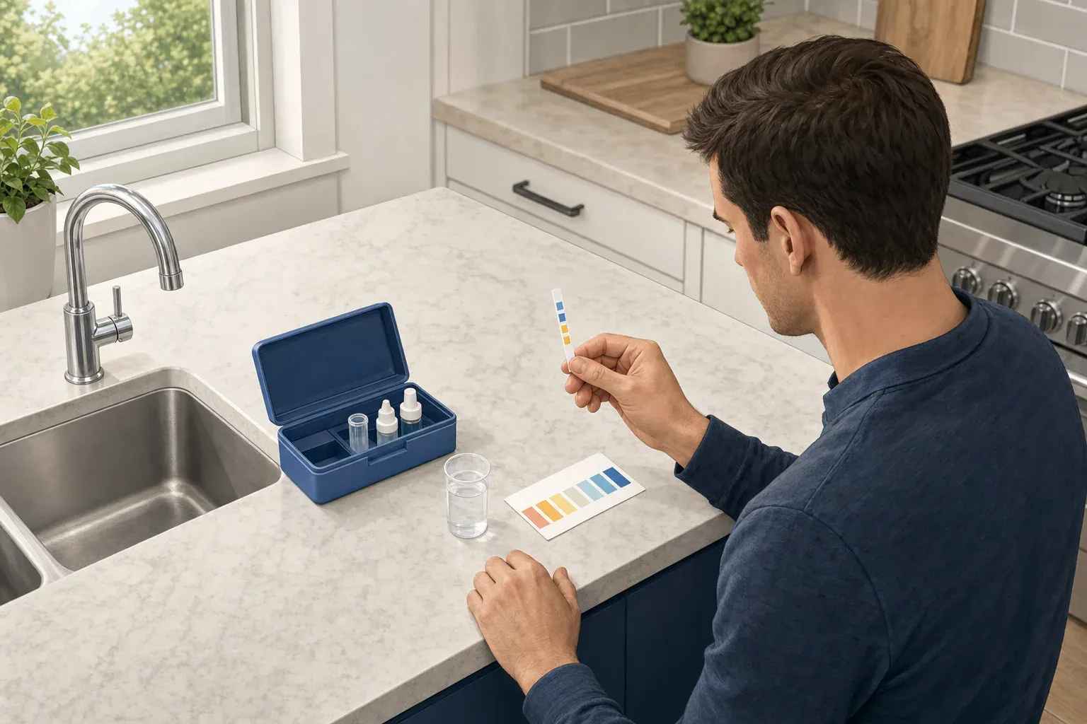 Home water hardness strip and drop-count test supplies beside a cold-water sample.