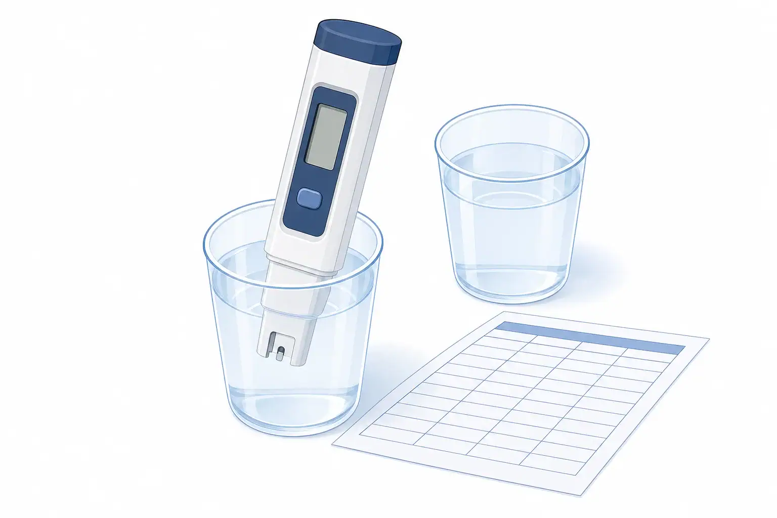 Handheld TDS meter measuring a clear water sample in a clean cup