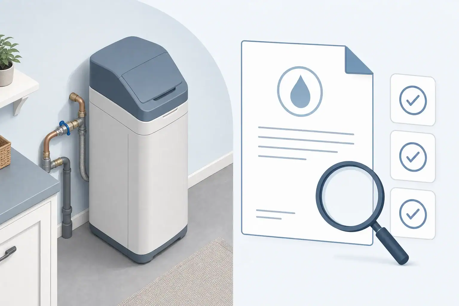 Residential water softener beside a certification document, magnifying glass and checklist symbols