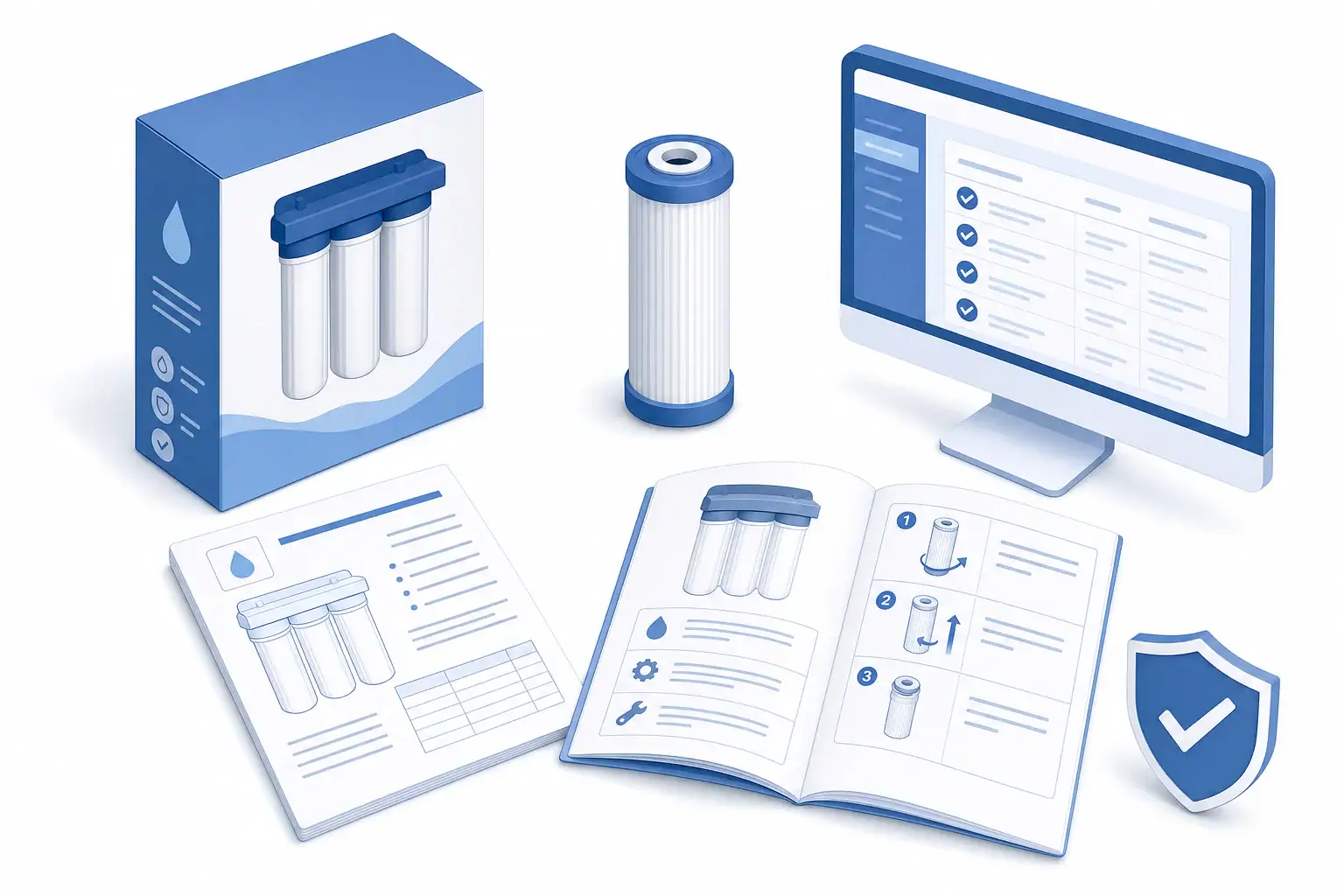Water filter, replacement cartridge, technical document and certification records
