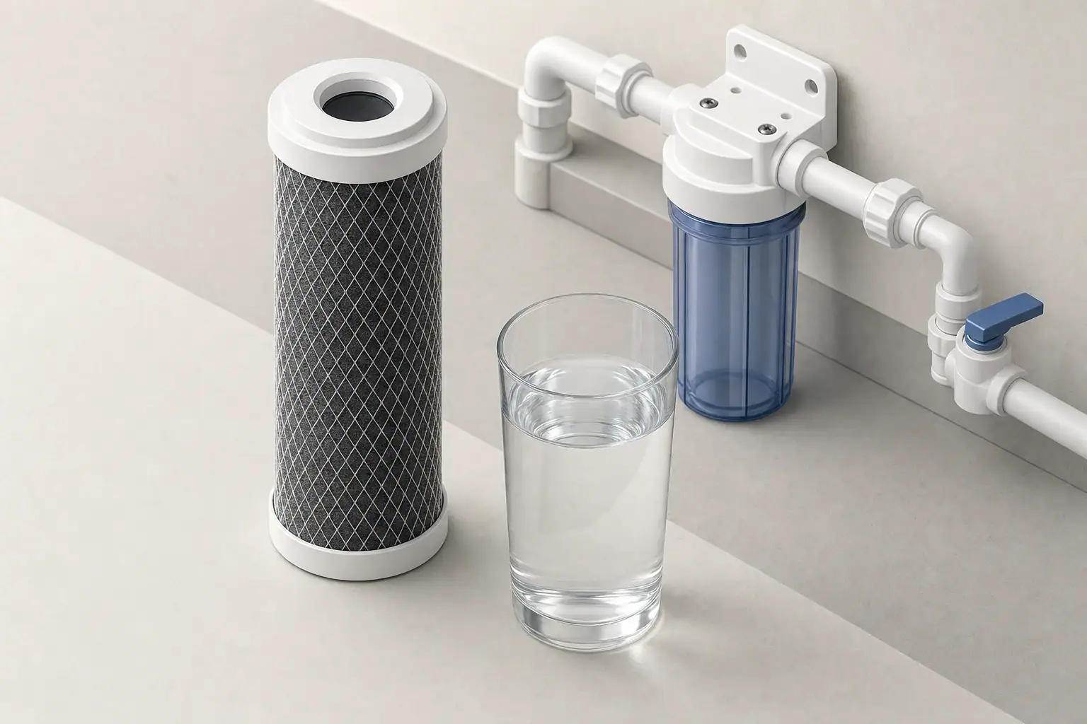 Isometric carbon cartridge beside a glass of filtered water