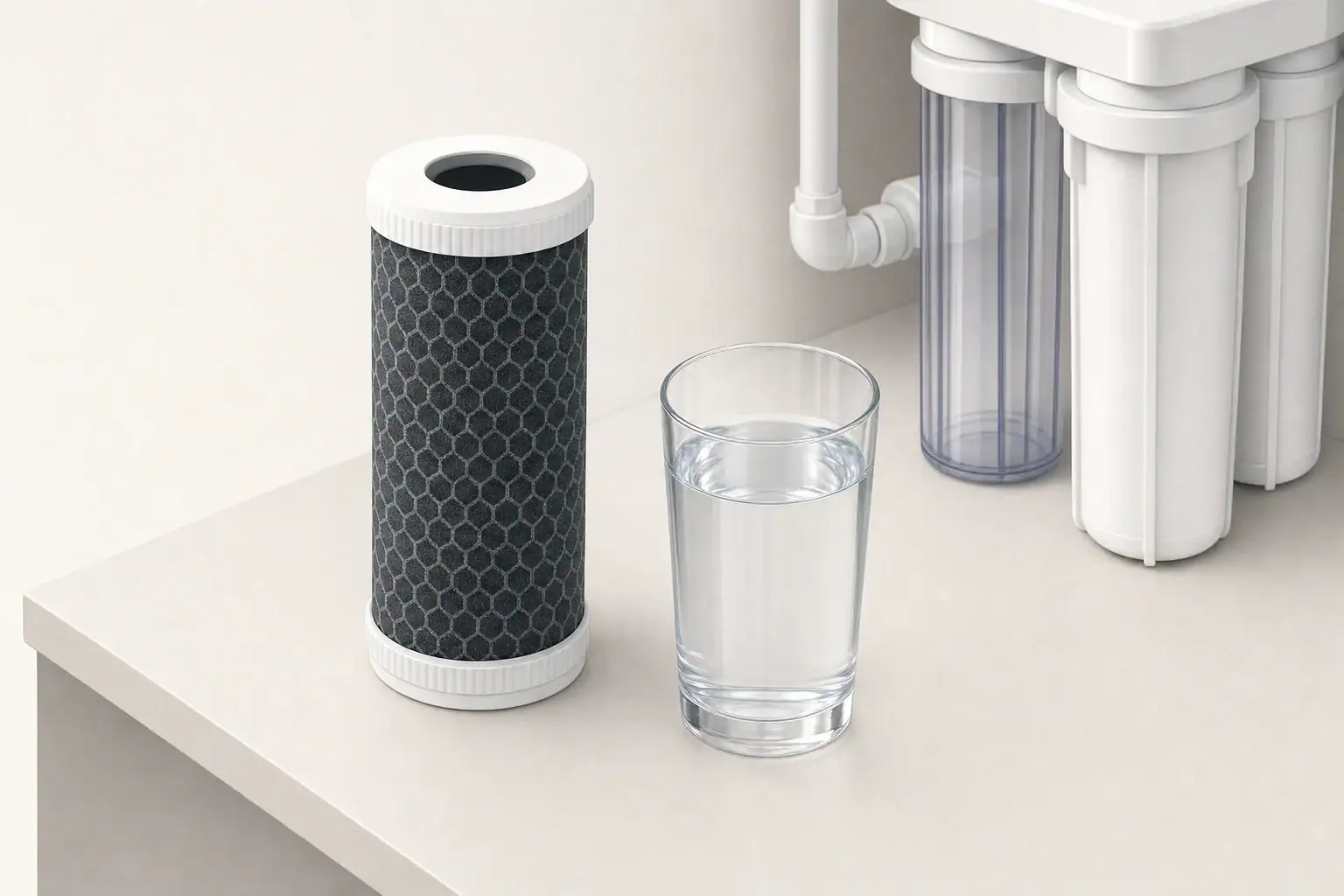 Carbon cartridge beside a glass of filtered water