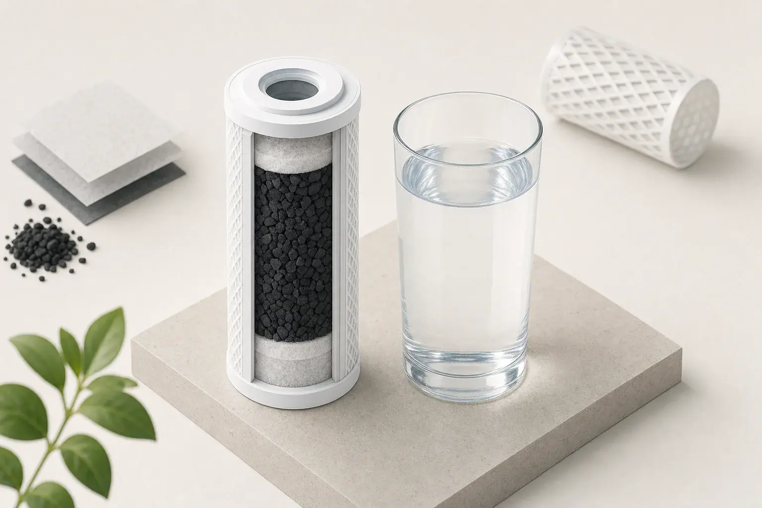 Carbon cartridge beside glass of clear filtered water