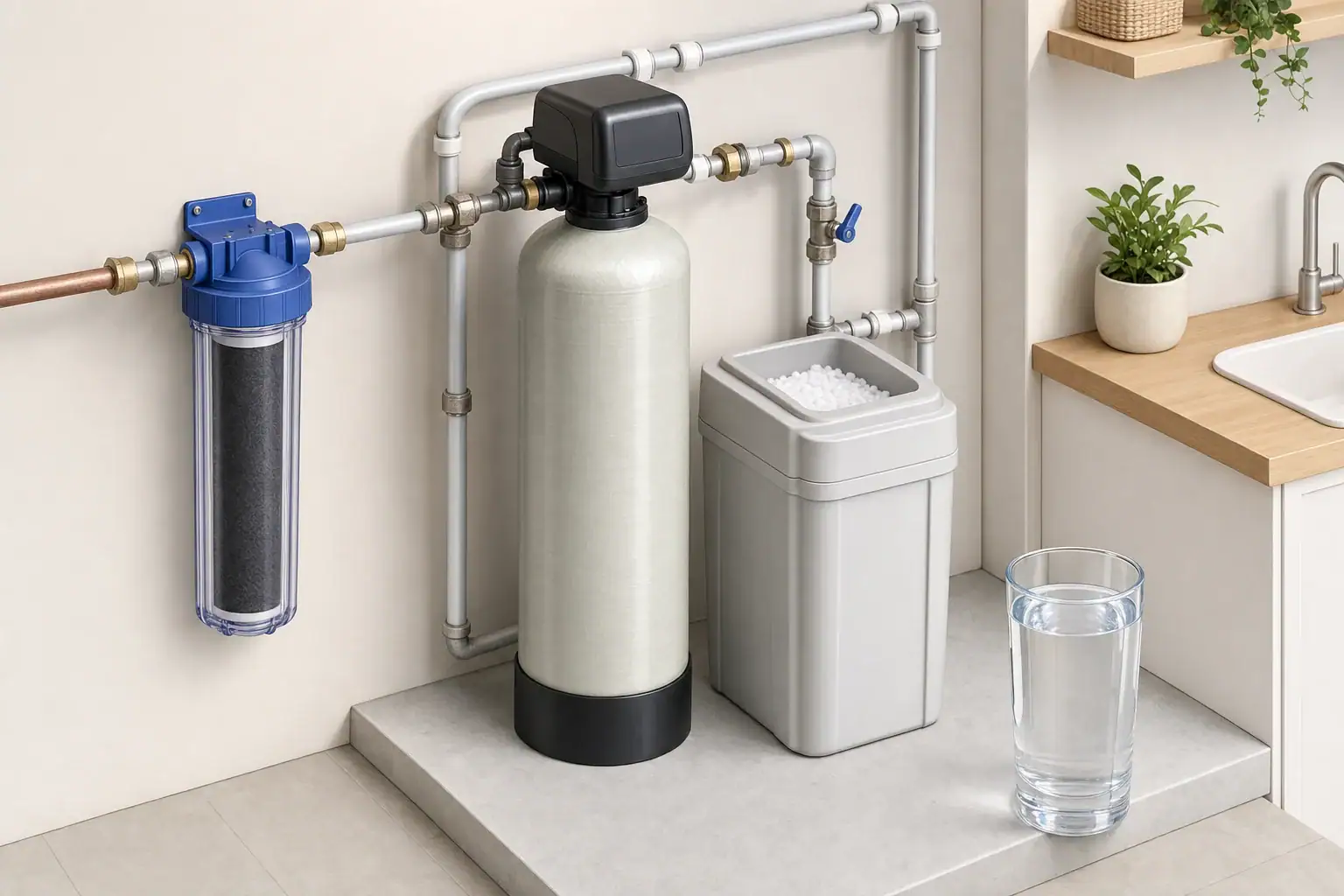 Water softener components beside a clear water glass