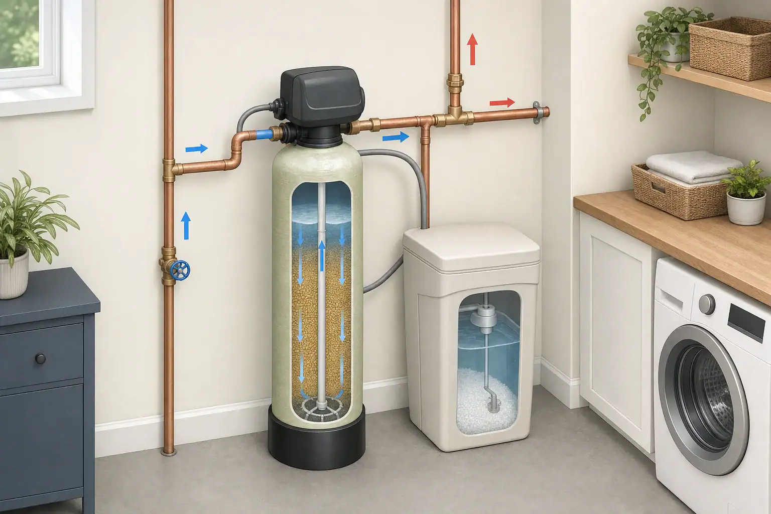 Residential water softener regenerating beside a separate brine tank