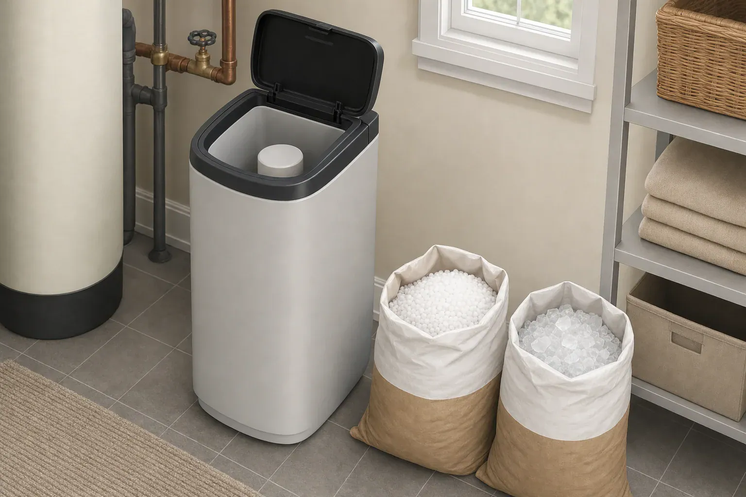 Salt pellets and coarse solar crystals beside a residential water softener brine tank