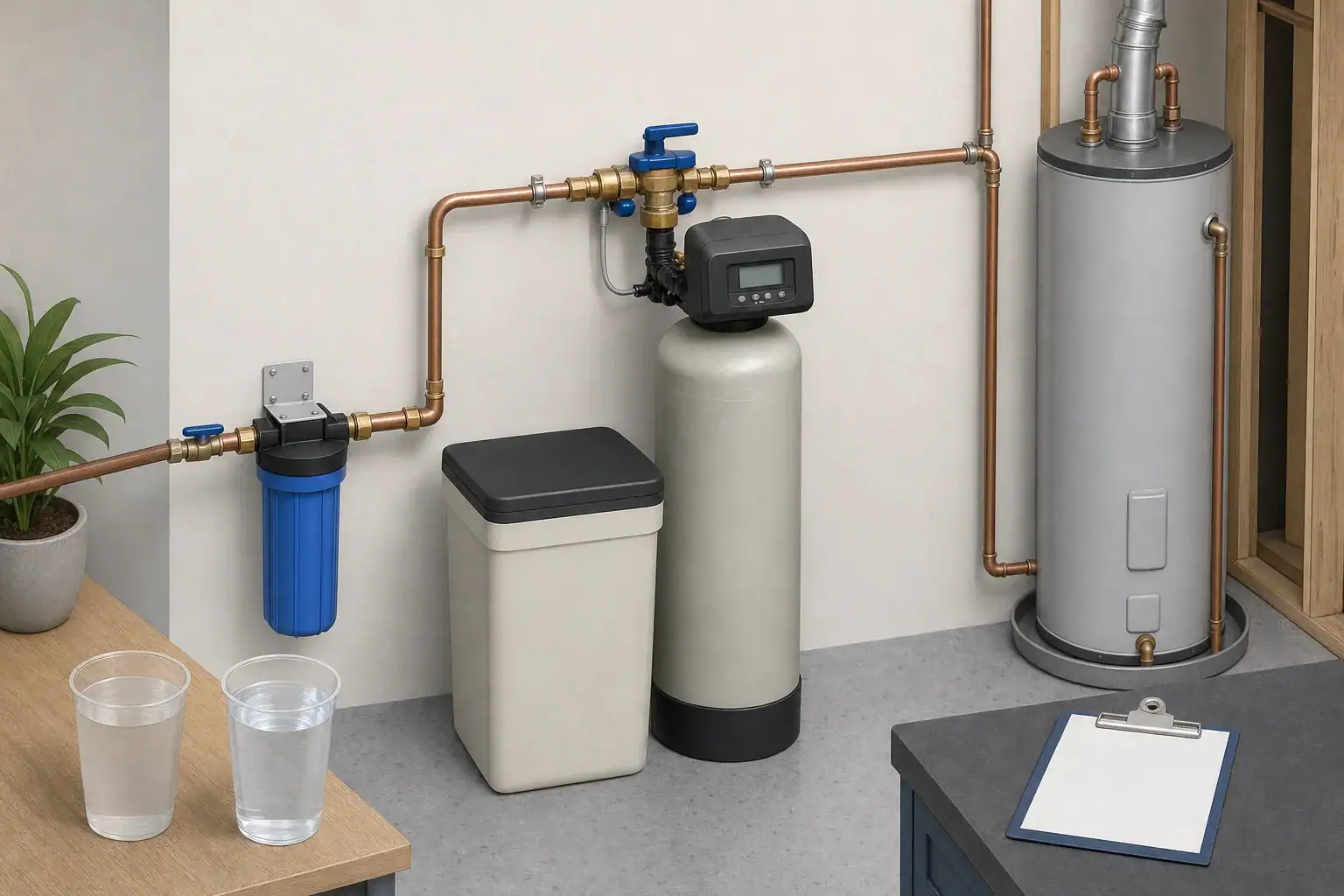 Untreated and softened cold-water samples beside a home water softener and water heater